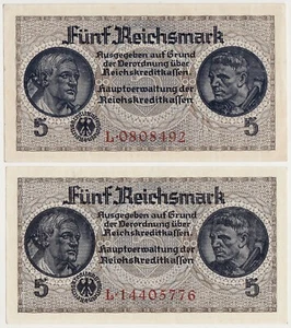 ALEMANIA PR138a y PR138b. 5 REICHSMARK 1939-45 XF/aUNC. PAR Serie L sin y sin - Imagen 1 de 2