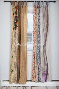 2PC Indian Vintage Sari Patchwork Curtain Drape Window Decor Silk Beige Curtain - Picture 1 of 6