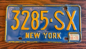 1972 New York License Plate 3285-SX Blue Yellow November NY - Picture 1 of 2
