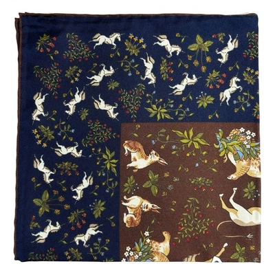 Brown & Navy Blue Unicorn Motif Ancient Madder Silk Pocket Square (Hand-Rolled) - Image 1 of 4