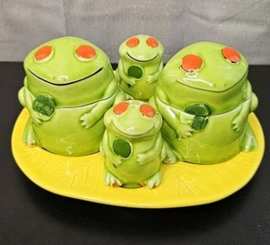 Juego de azucarero coctelera de sal y pimienta verde rana de colección con almohadilla para lirios hecho en Japón - Imagen 1 de 20