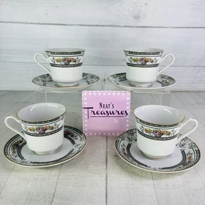 Juego de 4 tazas y platillos con patas de porcelana con borde verde azul canasta floral Mikasa CAMBRIDGE Foto 1 de 4