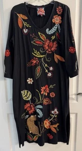 VESTIDO MIDI NEGRO FLORAL BORDADO MANGA LARGA JERSEY LÍNEA A DE JOHNNY WAS ~ PL - Imagen 1 de 18