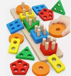 Montessori Building Blocks - 4 Geometric Columns, Shape & Color Matching, Kids E - Picture 1 of 1