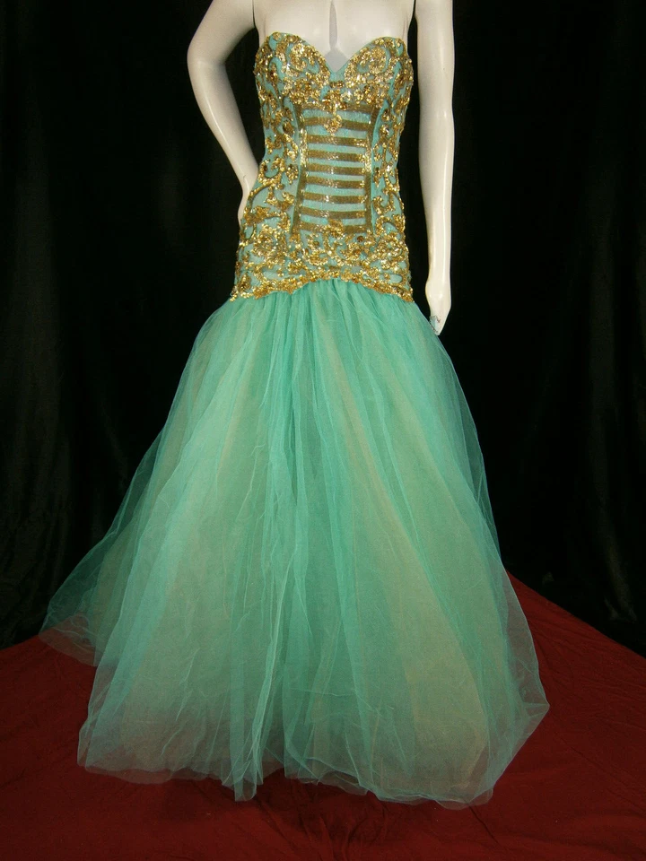 Vestido Formal Sherri Hill 4 Turquesa Dorado Cuentas Vestido de Baile Tul Sin Tirantes Baile de graduación Foto 1 de 4
