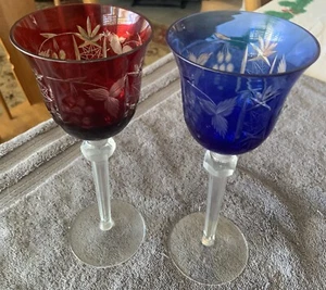 Lot 2 Etched Wine Glass 8 " tall etched made in Poland red &cobolt Blue Ajka - Picture 1 of 22