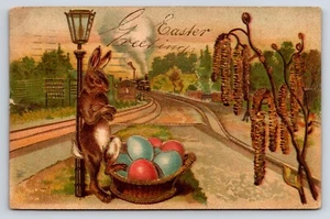 AK Ostern, anthropomorpher Hase, Arme gekreuzt, geneigt, Eier, E.B. N.Y. - Bild 1 von 2