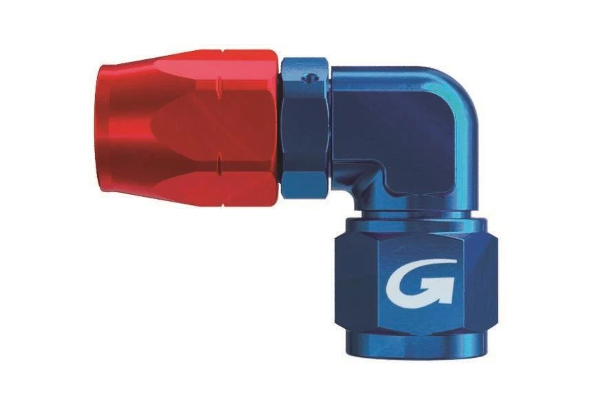 Goodridge 200 Series Fast Flow Forged Fitting AN10 AN-10 90 Degree in Red & Blue - Image 1 of 1