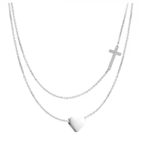 Kreuzkette Doppel Herz Silber Gold Damen Halskette Kreuz Jesus - Bild 1 von 5
