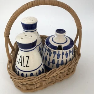 Salz Pfeffer Senftopf Set Körbchen Waechtersbach blau weiss West Germany komplet - Bild 1 von 8