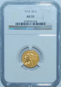 1914 NGC AU55 $2.50 $2 1/2 Gold Indian Head Quarter Eagle - Picture 1 of 2