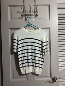 Zara Top Womens Small Striped Classic Short Sleeve Sweater Knit Preppy - Picture 1 of 5