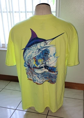 Guy Harvey Size 2XL Marlin Boat Fishing Neon Yellow Pocket T Shirt Bluewater - Image 1 of 4