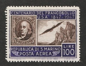 1947 San Marino Sc# C55 (correo aéreo) - 100 liras, sello en sello. MH Cv$9,00 - Imagen 1 de 1