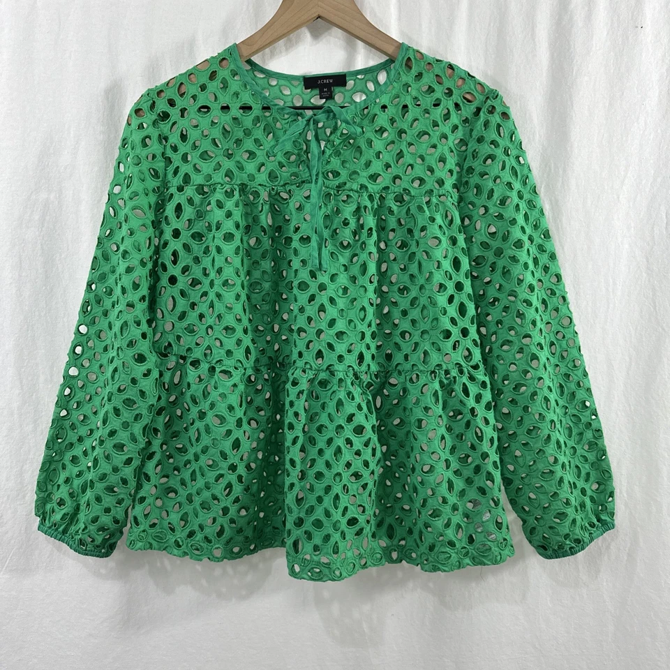 Top J Crew Bordado en Niveles Verde Ojales Transparentes Para Mujer Talla M Boho Colorido Foto 1 de 4