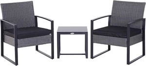 3-tlg. Rattan Bistro Set Gartenmöbel Korb Tisch Stühle Kissen Grau - Bild 1 von 8
