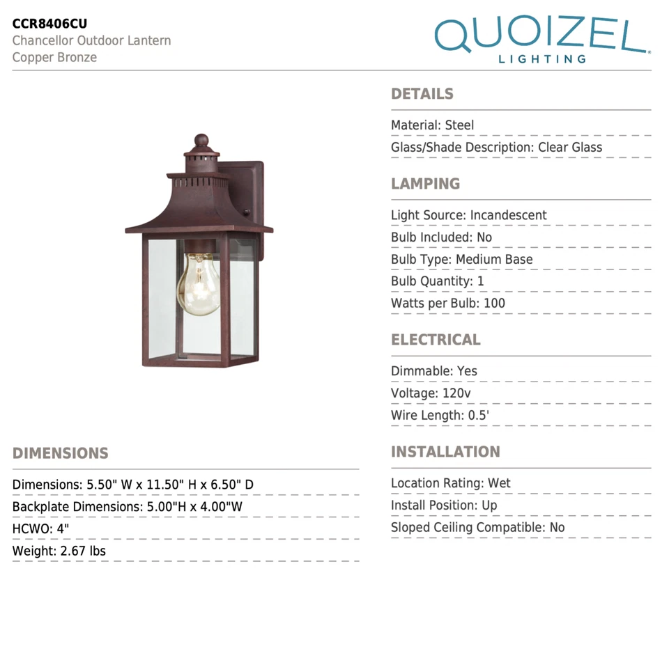 Linterna exterior Quoizel CCR8406CU 1 luz canciller en cobre bronce Foto 1 de 1