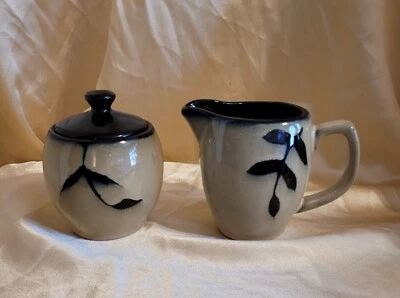 Gibson Elite ~ Leaf Design ~ Gray And Black ~ Coffee Creamer and Sugar Set - Image 1 of 4