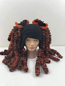 Handmade Crochet Halloween Wig Kawaii Hat Bats Bows Curls Adults Black Orange - Imagen 1 de 9