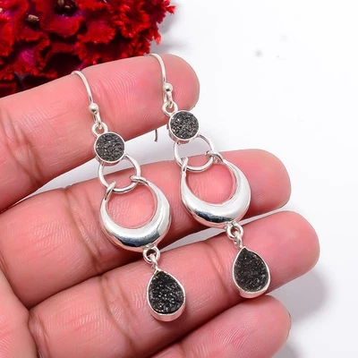 Pendiente araña de plata de ley 925 con ágata de titanio negro 2,34" E100349 Foto 1 de 4