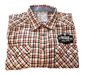 ROCA WEAR Denim Co Red Plaid Patch Embroidered Long Sleeve Button Men Shirt 2XL - Picture 1 of 18