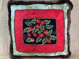 17" French Country Needlepoint CHERRIES Decorative Pillow Cushion  VTG - Picture 1 of 5