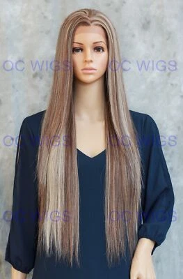 Peluca larga recta segura para el calor frente cabello humano mezcla marrón claro/rubio EVEM Foto 1 de 4