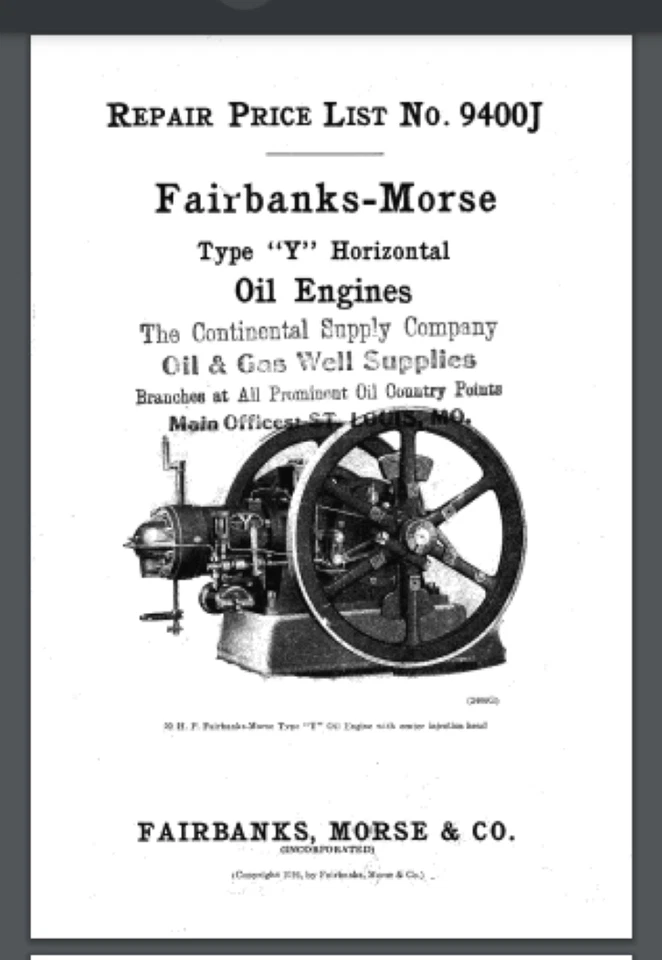 Fairbanks Morse Horizontal Type Y "Y" Parts List manual 18 pages year 1926 - Image 1 of 1