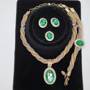 Statement Necklace Earrings Bracelet Ring Set Faux Rhinestones Green Goldtone - Picture 1 of 4