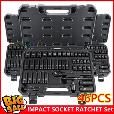 DEEP & SHALLOW IMPACT SOCKET RATCHET Set 46PCS 3/8"Dr 6-22mm 6pt Hex Sockets`Set - Image 1 of 4
