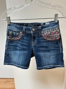 Miss Me Girls Jean Shorts Size 14 JK8524D Mid-Short Bling Embellished Embroidery - Picture 1 of 7