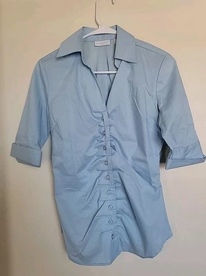 Camisa Blusa New York & Company Azul Botón Frontal Acanalada Talla XS Foto 1 de 3