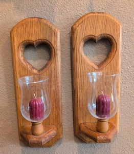 Vintage Eichenholz Wandleuchter Kerzenhalter Glas Windlicht Herz Landhaus - Bild 1 von 11