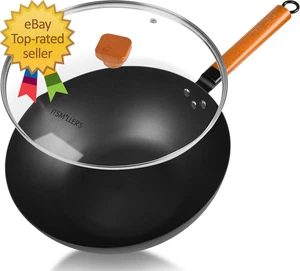 Wok en acier carbone 12,5 pouces avec couvercle poêle à frire pré-assaisonnée à fond plat - Photo 1/9