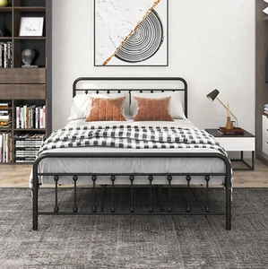 Metal Bed Frame Queen Size No Box Spring Needed Vintage Headboard & Footboard - Picture 1 of 6