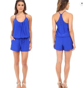 Amanda Uprichard blau ärmellos Chrissy Strampler High Knee Seide Gold Knopf Gr. P - Bild 1 von 11