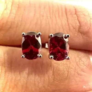 925 Stud Earrings 4.00Ct Oval Cut Lab Created Garnet 14k White Gold Plated - Picture 1 of 11
