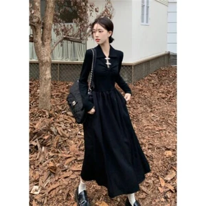 Abito cinese cheongsam patchwork a maniche lunghe, abito di media lunghezza da donna - Foto 1 di 19