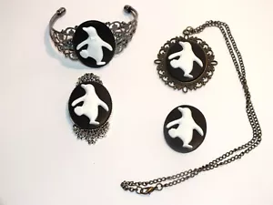 Mary Poppins Penguin Victorian Cameo Necklace Brooch Pin, Cuff Bracelet Jewelry - Picture 1 of 28