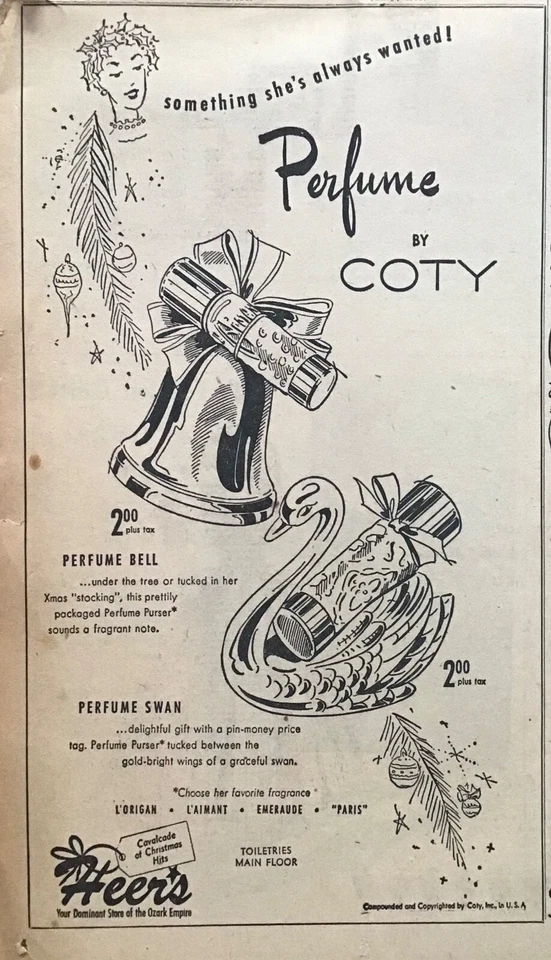 Anuncio de periódico 1952 para perfumes Coty - Regalos de Navidad, campana de perfume y cisne Foto 1 de 1