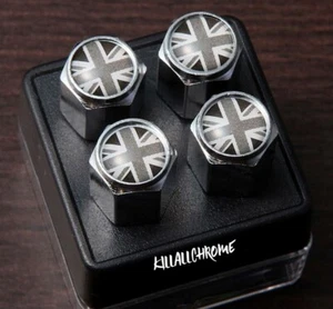 4PCS Mini Cooper S One JCW Chrome Metal Tyre Valve Dust Wheel Caps BLACK JACK - Picture 1 of 1