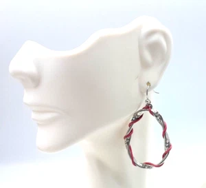 Boho Artisan Rose Cord Twist Rhinestone Teardrop Hoop Silver Tone 2" Earrings - Picture 1 of 5