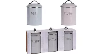 Tea Coffee Sugar Canisters Set of 3 Metal 1 Litre Kitchen Storage Tin 2 Colours - Picture 1 of 5