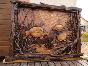 3D Wooden Picture Wood Carving Wall Art Handcarved Wood Carving Carp Fishing - Picture 1 of 14