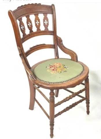 Antique Walnut Chair Sage Green Needlepoint Ornate Carved Backrest Spindles #1 Cover
