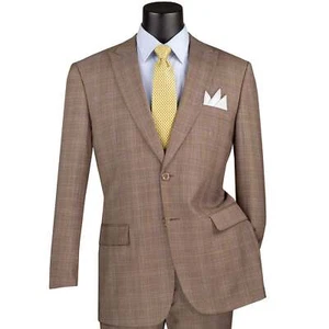 VINCI Men's Tan Glen Plaid 2-Button Classic-Fit Suit w/ Peak Lapel - NEW - Picture 1 of 4