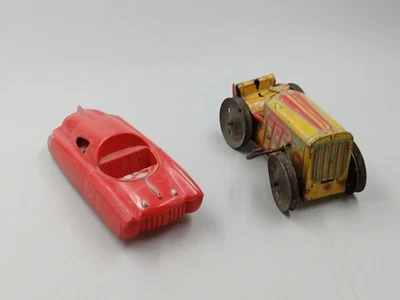 Lot of 2 Vintage Marx Vehicle Toys, Wind-Up Tin Tractor & Friction Plastic Car - Image 1 of 4