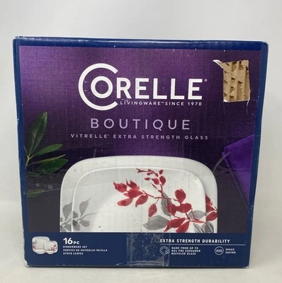 Corelle Kyoto Leaves 16 件方形餐具套装,适用于 4 件 - 白色 — 第 1/4 张图片