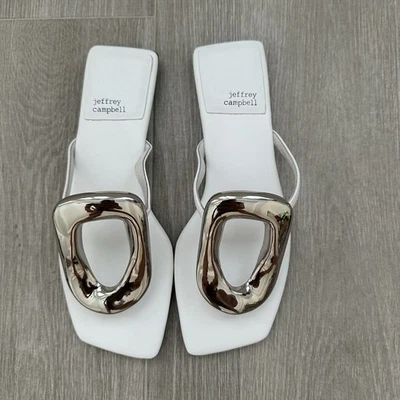 Sandalia JEFFREY CAMPBELL Linques-2 Talla 6.5 Cuero Chanclas Blanco/Plata Retro Foto 1 de 4