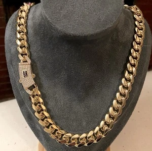 Monaco Miami Cuban Link 14mm Chain Icy CZ Clasp 14K Gold Plated Necklace 24” - Picture 1 of 6